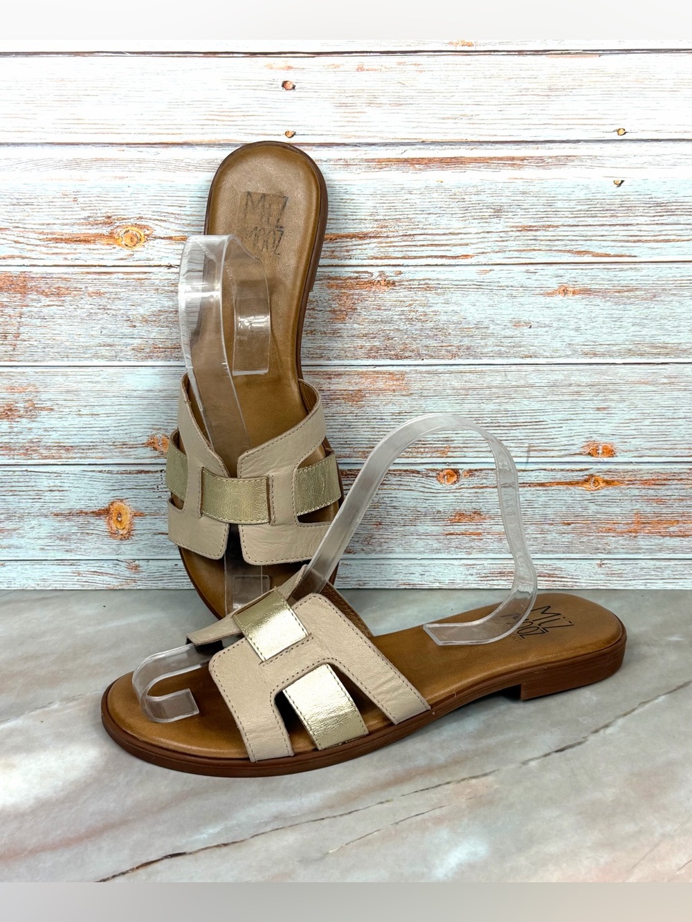 Miz Mooz Lenny Leather Color-blocked Slide Sandals in Cream/Gold - EUC
